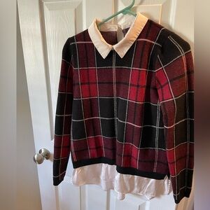 Tahari Red and Black Plaid Sweater with White Faux Collar